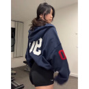 美式 国潮牌刺绣开衫 复古运动连帽卫衣女秋冬加绒宽松oversize外套