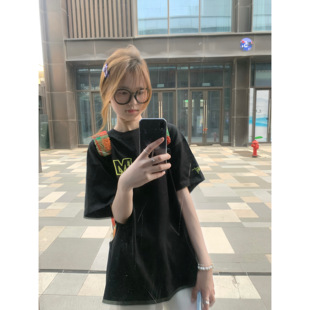 美式 宽松设计感小众纯棉chic港味上衣 字母印花短袖 黑色t恤女夏季