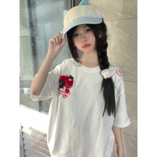 上衣 甜美刺绣苹果猫咪短袖 t恤女夏季 宽松半袖 设计感小众纯棉半袖