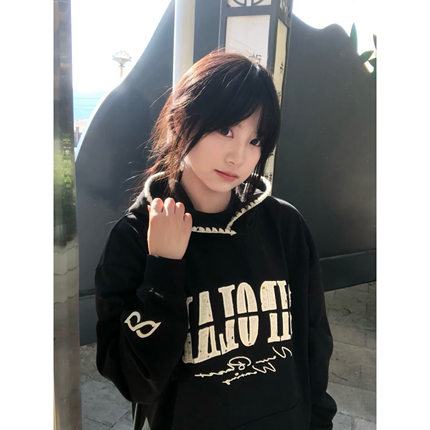 美式高街潮牌刺绣黑色连帽卫衣女春秋薄款oversize设计感小众外套