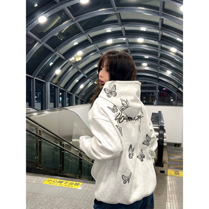 美式复古满印蝴蝶刺绣连帽长袖卫衣女春秋宽松情侣设计感小众外套