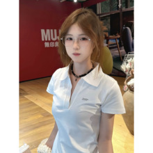 美式甜辣白色正肩翻V领短袖t恤女夏季修身显瘦polo衫短款纯棉上衣