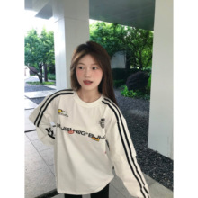 美式复古赛车条纹拼接假两件长袖t恤女春秋宽松运动插肩情侣上衣