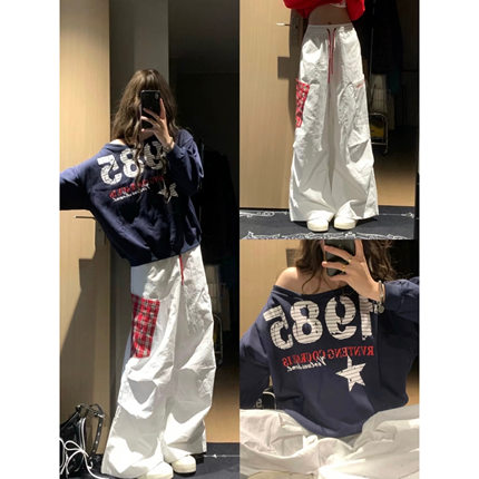 美式复古数字印花斜肩卫衣女春秋宽松辣妹设计感小众长袖露肩上衣