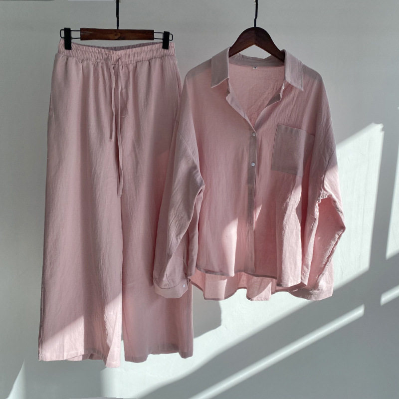 亚马逊跨境春秋季大码宽松棉麻高腰复古长袖衬衫时尚纯色运动套装