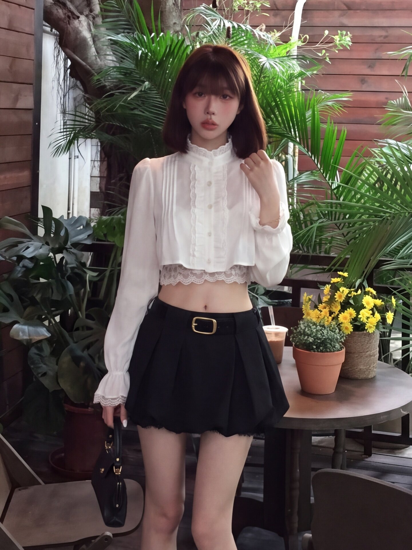 เสื้อเชิ้ตลูกไม้สีขาวสไตล์ฝรั่งเศสสุดสวย เสื้อเชิ้ตแขนยาวดีไซน์เฉพาะตัวสำหรับฤดูใบไม้ร่วง เสื้อโชว์เอวแนวชิลๆ ใส่สบาย