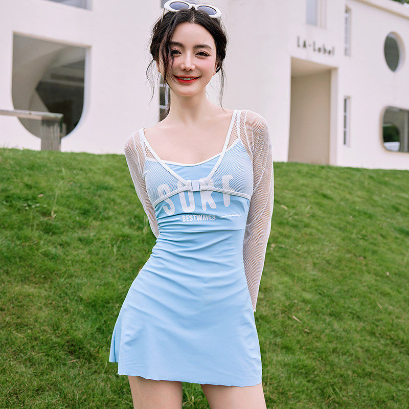 2024时尚新款泳衣女裙式分体平角裤学生保守遮肚显瘦泡温泉游泳装