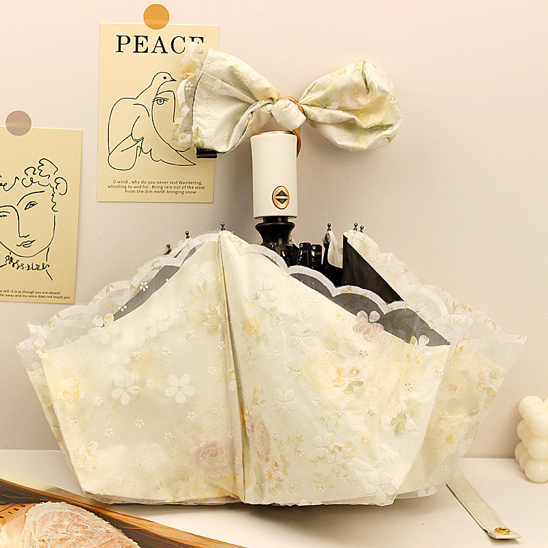 全自动双层蕾丝太阳伞女小清新防晒防紫外线黑胶遮阳折叠晴雨两用