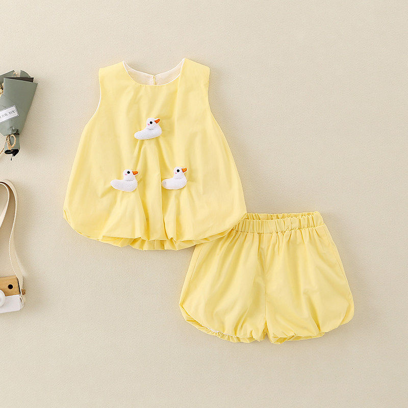 全棉纯棉婴儿夏季套装可爱女宝宝纯棉背心短裤两件套幼儿夏天洋气