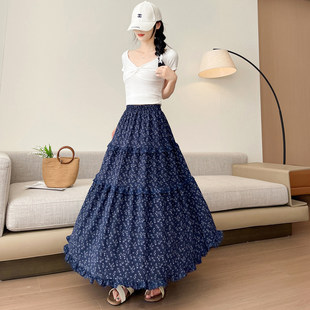 淑女风春夏森系伞裙法式碎花半身裙女高腰显瘦蓝色A字蛋糕长裙