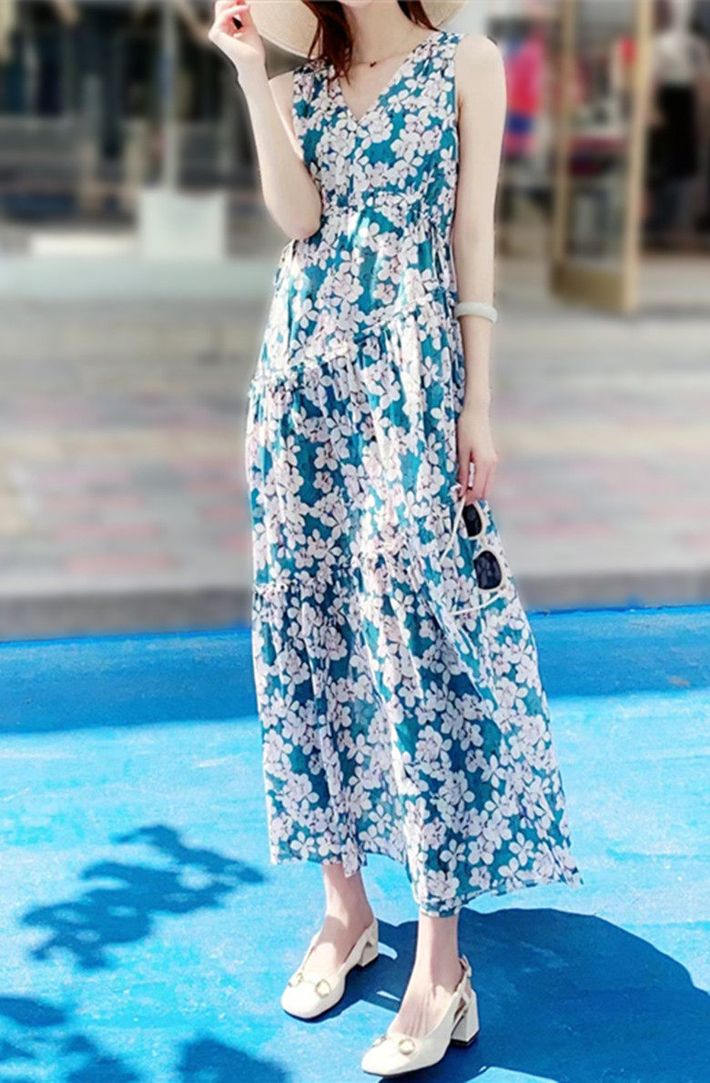 现货艾诺丝专柜正品2021夏季新品10439017印花无袖V领长款连衣裙