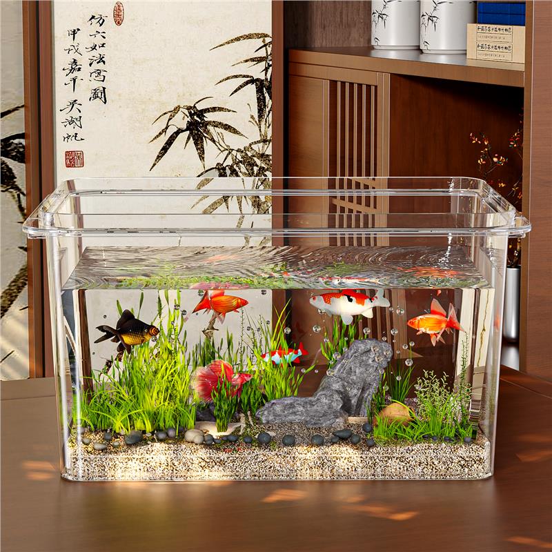 透明仿玻璃鱼缸小型桌面家用办公室金鱼小龟迷你方形亚克力水缸
