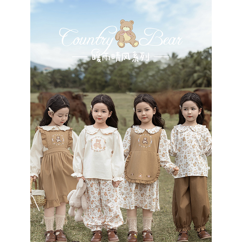 幼悠女童田园系列春季娃娃翻领衬衫假两件围兜碎花连衣裙多件套潮