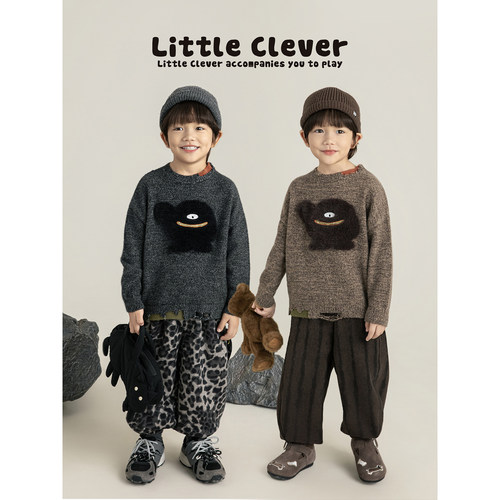 幼悠男童混色双纱萌萌怪兽毛衣冬季童趣可爱舒适百搭宽松落肩上衣