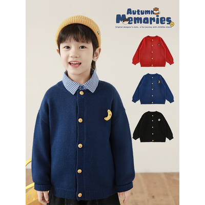 幼悠男童2025秋季新款长袖圆领羊毛混纺毛衣宽松亲肤保暖儿童开衫