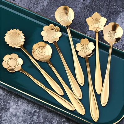 8pcs Stainless Steel Cherry Rose Flower Gold Scoop Coffee Sp
