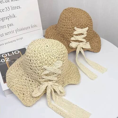 Women's Straw Panama Sun Hat with Lace-Up Bow & Ponytail Hol