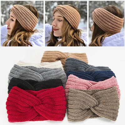 Women Knitted Cross Headband Warm Wide Turban Leopard Bowkno