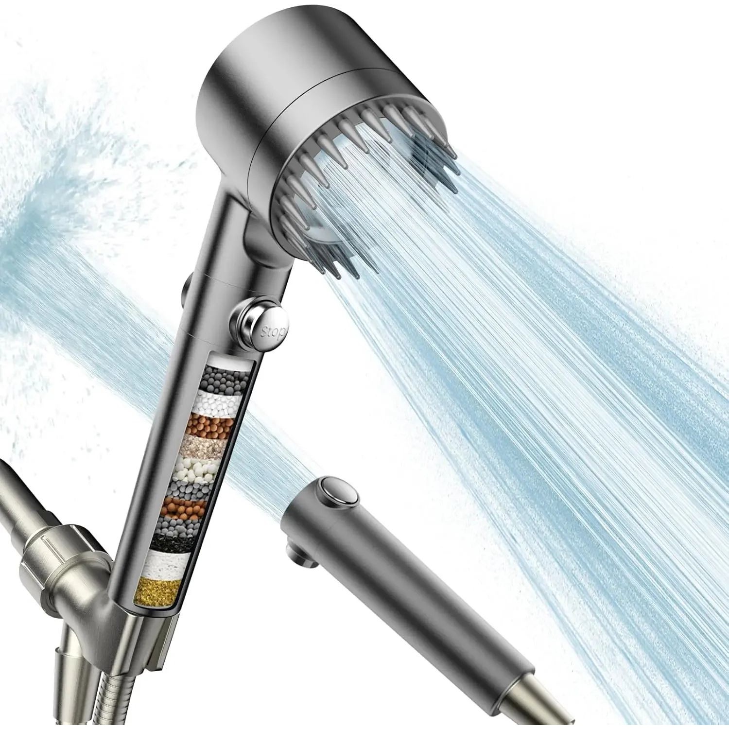 Shower head with handheld filter, high pressure water flow a