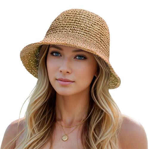 Summer UV-Protect Crochet Straw Bucket Hat for Women Beach F