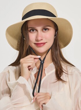 Women's Summer Bowknot Ribbon Straw Hat Wide Brim Sunscreen