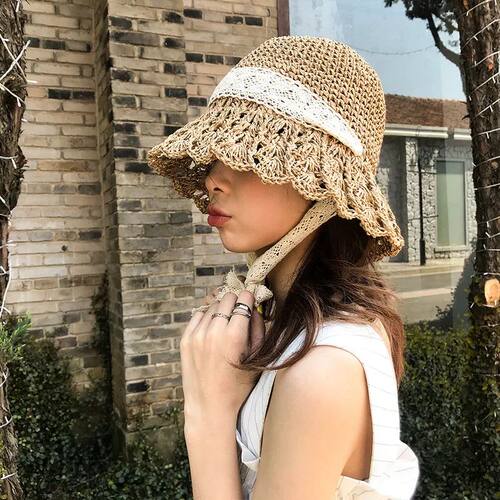 Women's Summer Crochet Straw Bucket Hat - Hollow Out Lace-Up