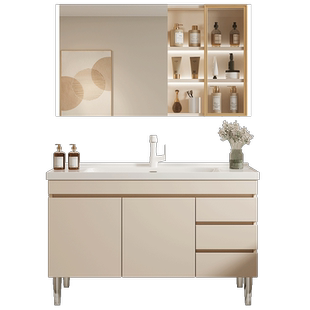 奶油风浴室柜组合现代简约卫生间陶瓷一体盆洗漱台落地式洗手台盆