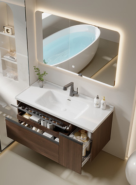 子母抽双层加高抽拉篮浴室柜组合中古风卫生间陶瓷一体盆洗脸盆柜