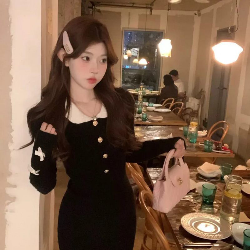 Lamdv 圣诞新年小香风蝴蝶结针织连衣裙内搭女秋冬修身包臀短裙