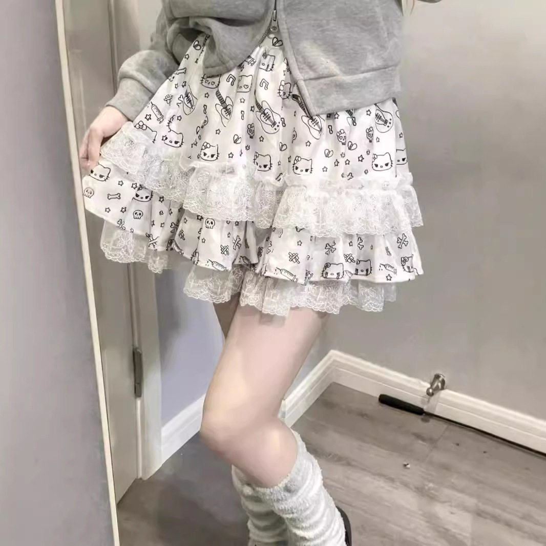日系y2k辣妹短裙暗黑印花蕾丝花边半身裙女亚文化蓬蓬蛋糕裙