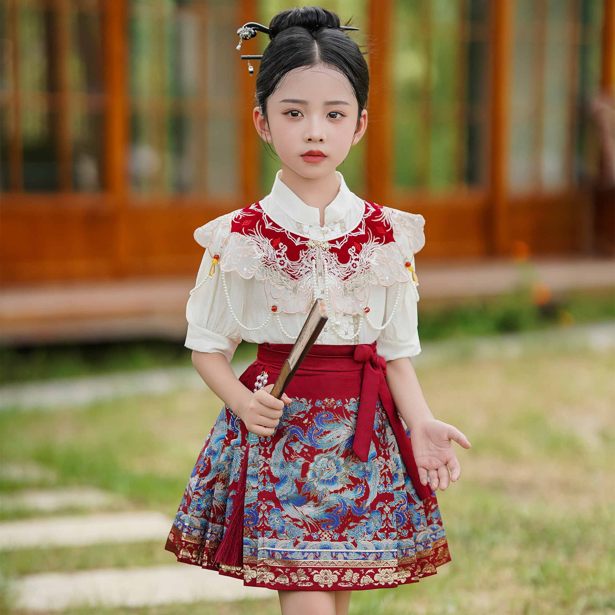 汉服女童马面裙短裙2025新款亲子装儿童新中式刺绣古风短袖唐装夏
