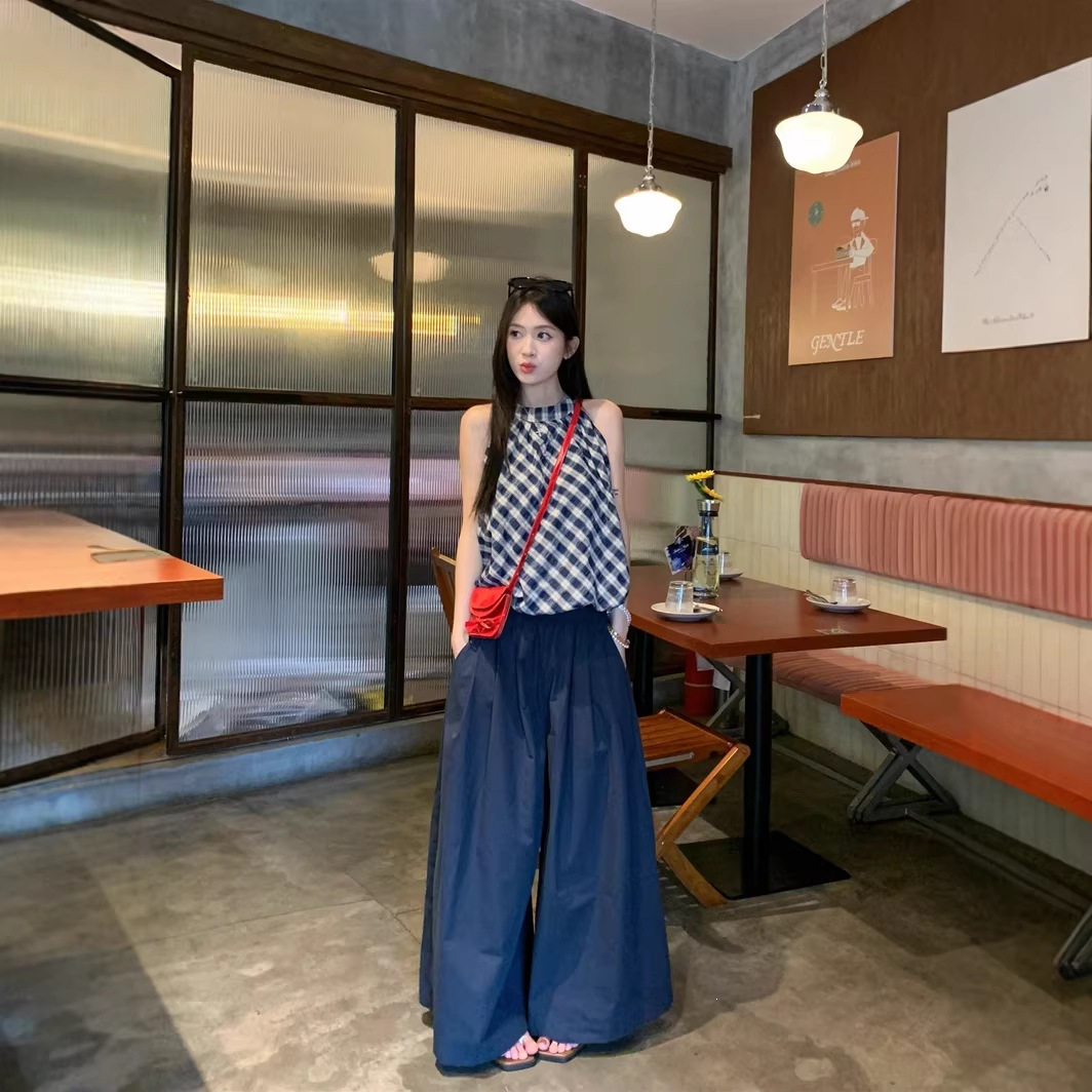 实拍 复古蓝白格子挂脖圆领无袖上衣百搭背心女阔腿裤套装女98883