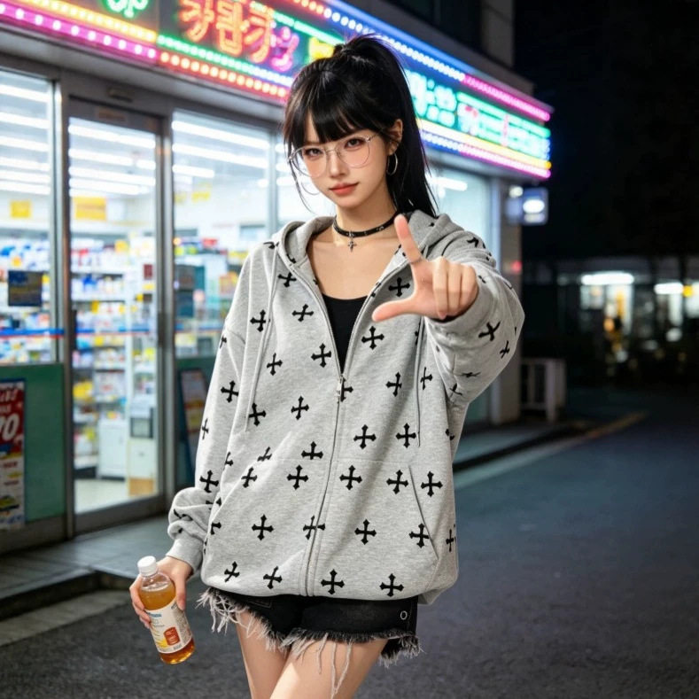 秋季美式慵懒十字架满印连帽卫衣