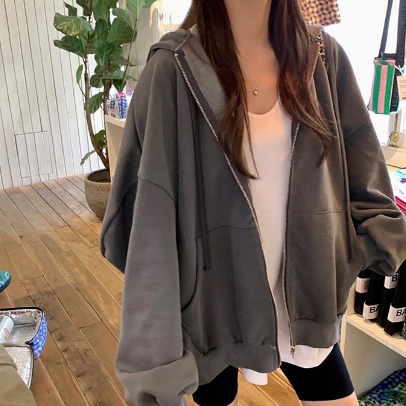 深灰拉链连帽卫衣女春秋宽松