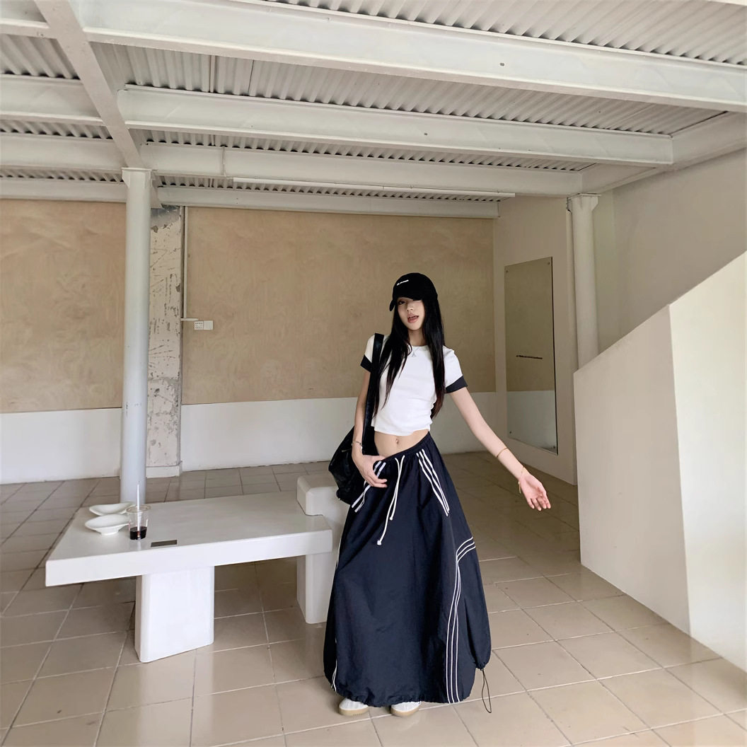 实拍 酷感拼接短袖T恤黑白时尚裙子小众设计感半身裙套装女85141