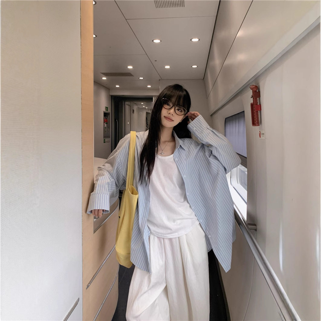 新款慵懒风小个子条纹衬衫外套宽松版长袖经典百搭通勤风大码T恤