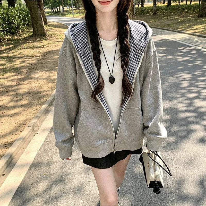 格子拼接拉链连帽卫衣外套女春秋