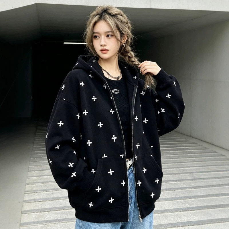 小众印花连帽拉链卫衣女秋冬