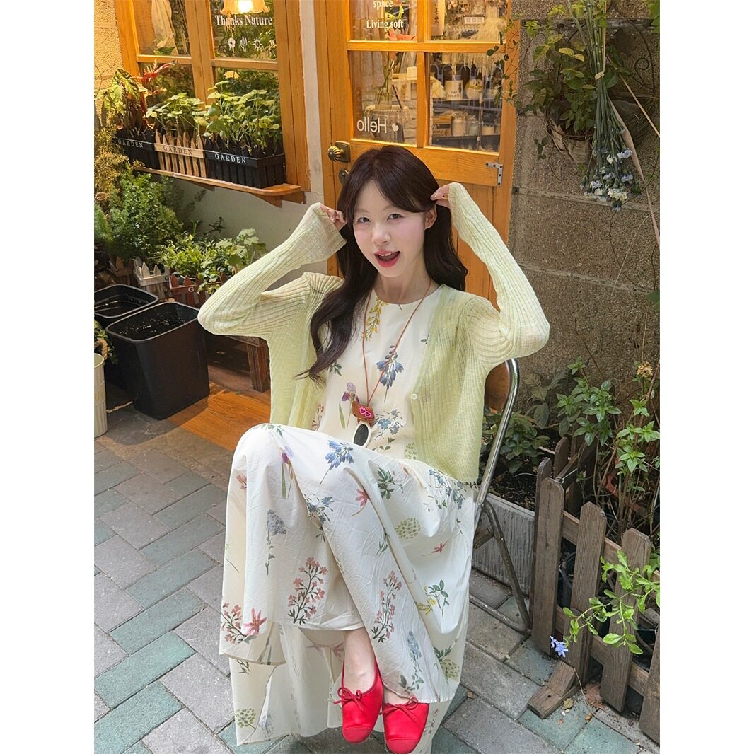 实拍 夏季甜美无袖碎花设计感背心连衣裙针织披肩开衫套装女87426