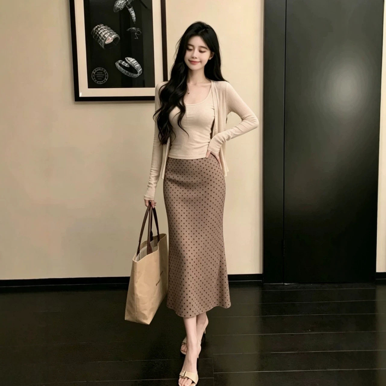 秋季韩系修身针织波点鱼尾套装