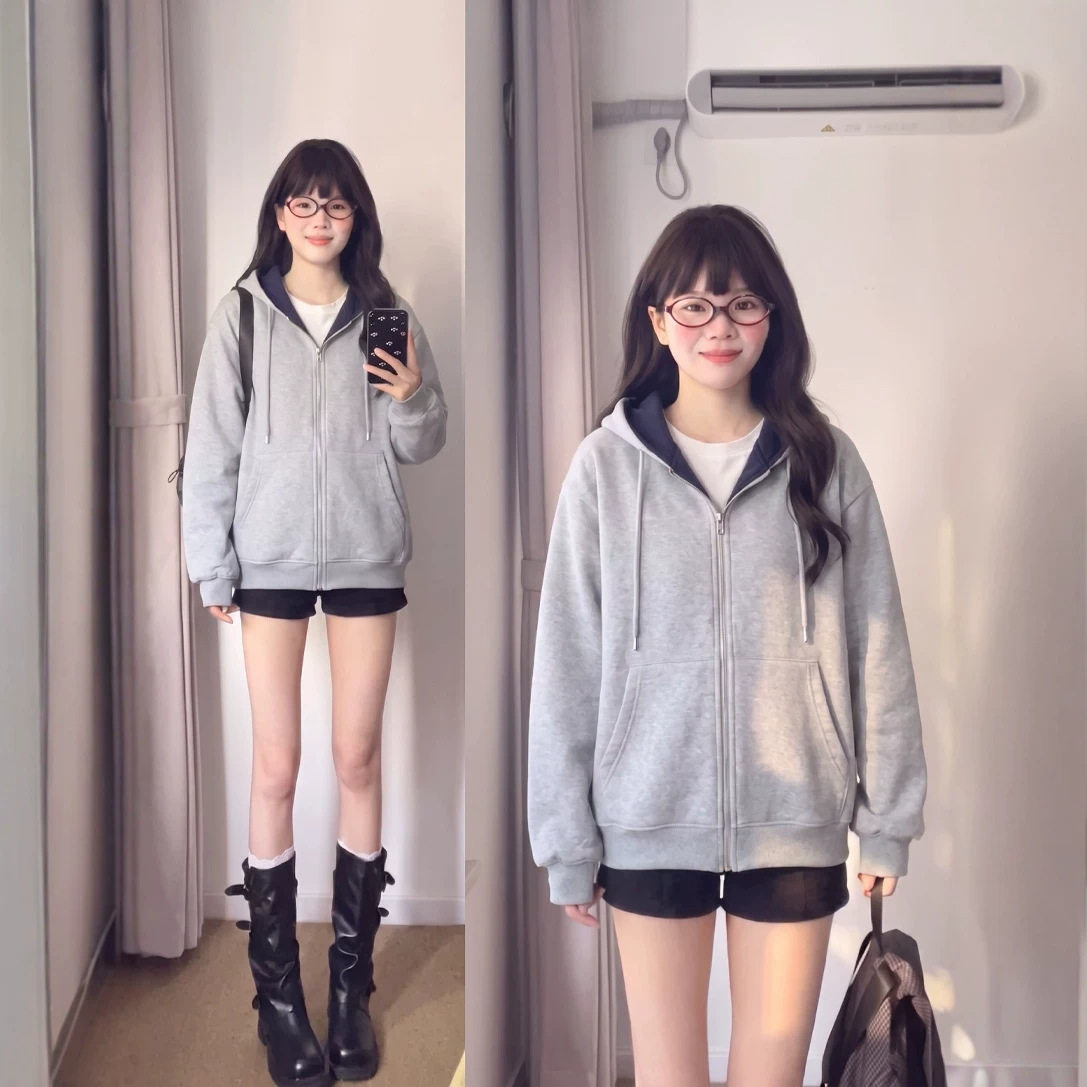 韩系慵懒风撞色连帽拉链卫衣女