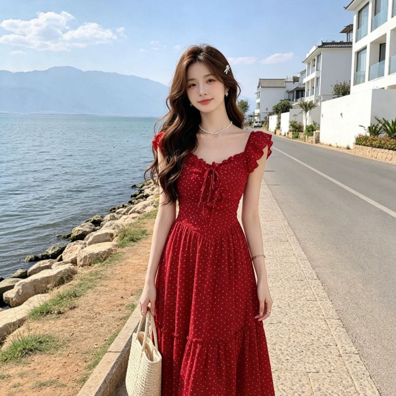 红色露背波点连衣裙女夏
