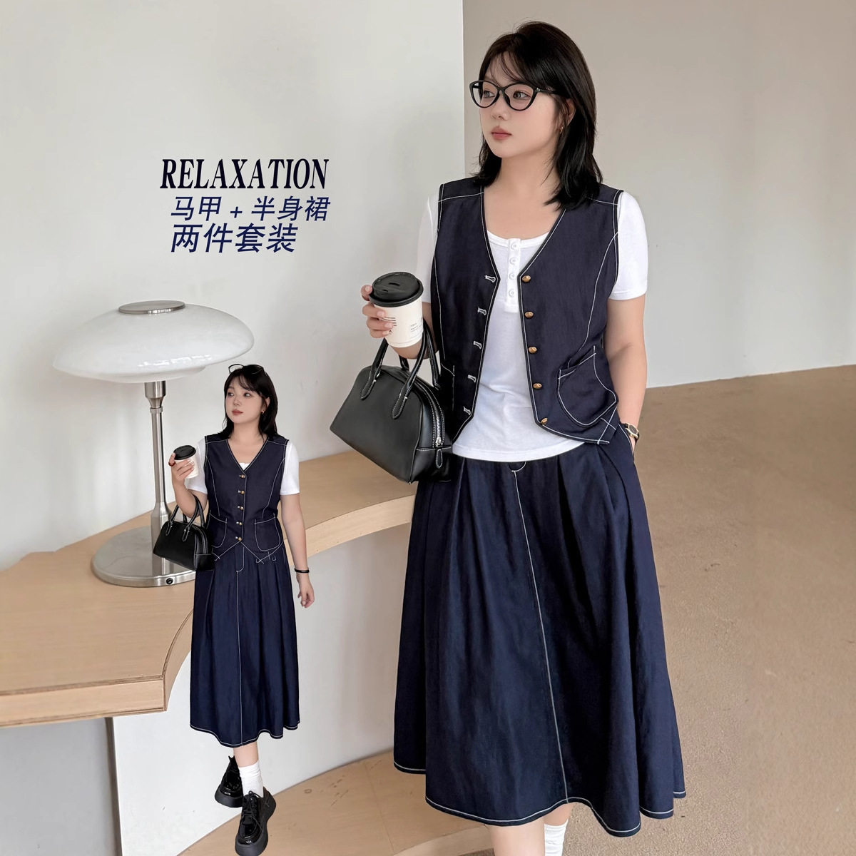 k3140大码女装初秋时尚气质藏蓝色牛仔套装马甲+半身裙胖妹妹套装