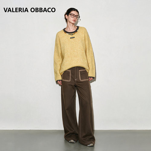Valeria Obbaco奥贝科VO咖色一字绣撞色抓毛直筒裤休闲裤