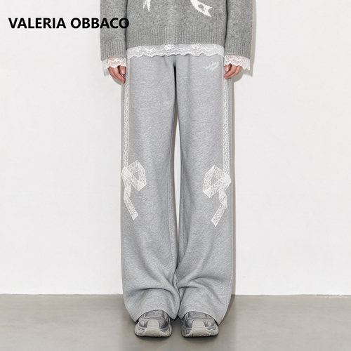 Valeria Obbaco奥贝科VO灰色直筒蝴蝶结蕾丝卫裤