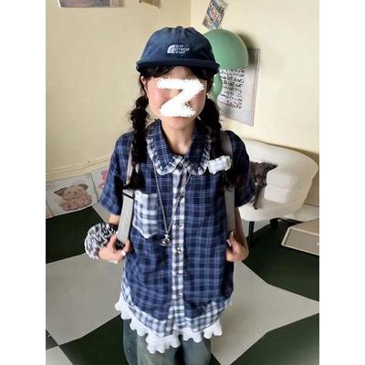 蓝色格子衬衫短袖女夏季新款撞色拼接设计感衬衣外套宽松休闲上衣