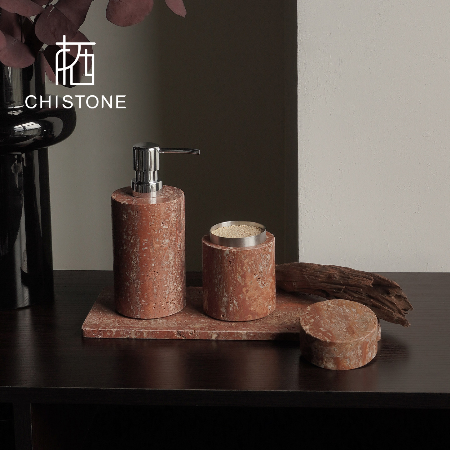 CHISTONE侘寂风天然洞石卫浴套装中古风浴室用品纸巾盒香薰托盘图片