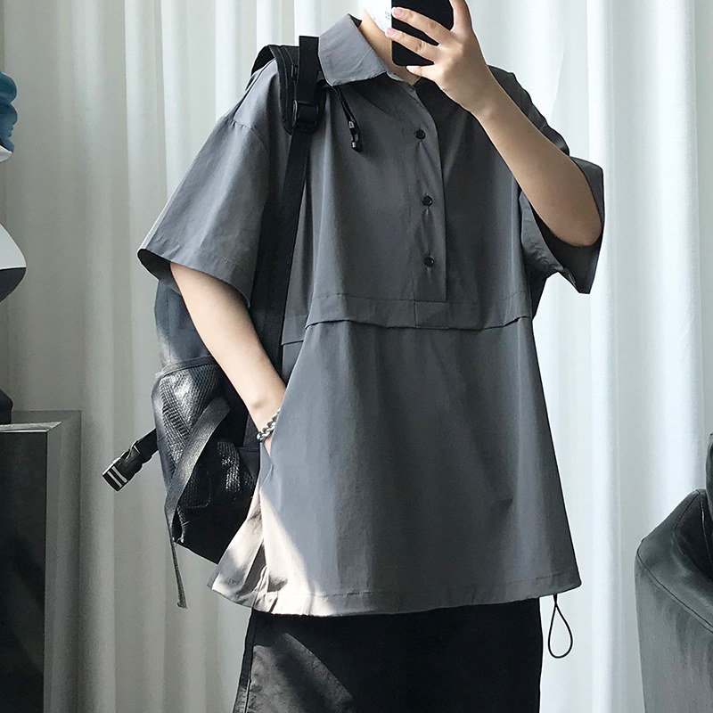 短袖T恤男士夏季港风新款宽松纯色Polo领上衣潮流休闲帅气体恤衫