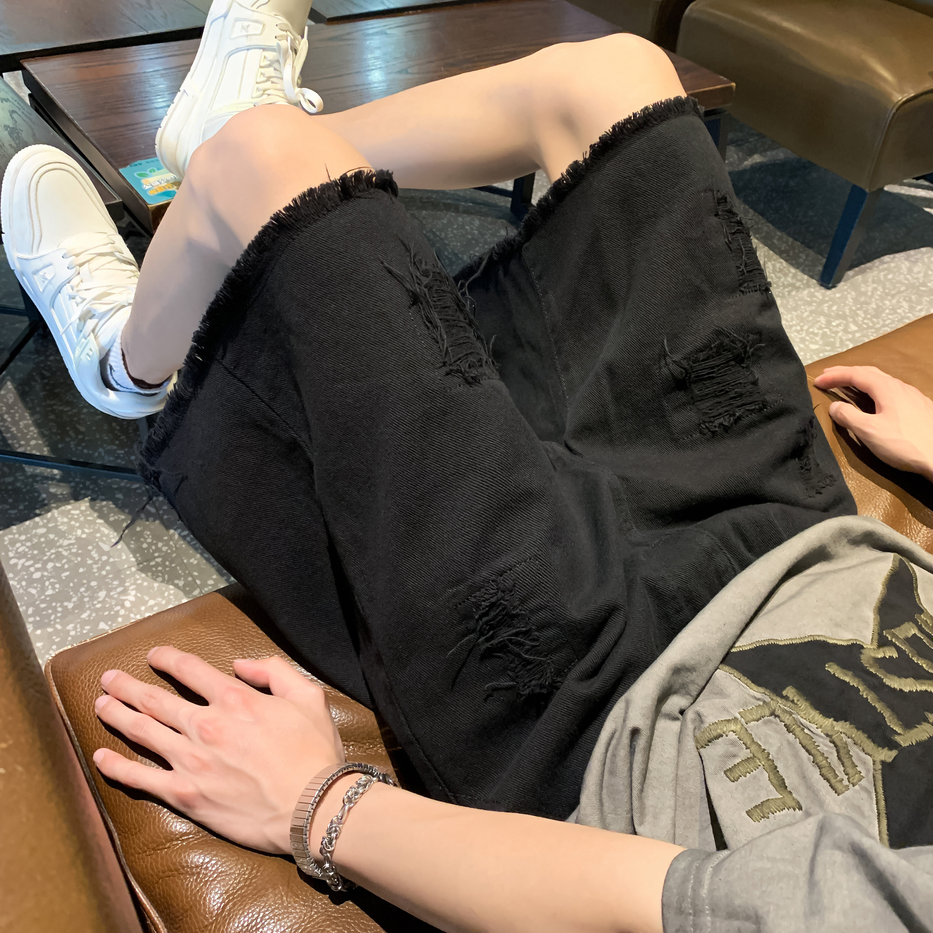 破洞牛仔短裤男夏季美式复古潮牌乞丐马裤黑色毛边松紧腰五分裤子