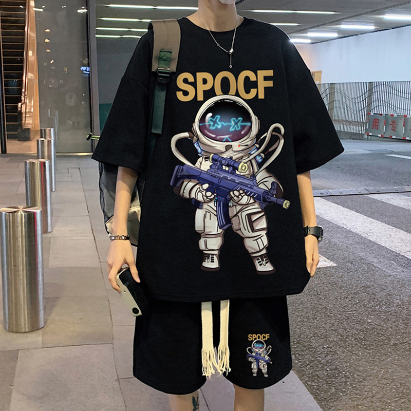 嘻哈宇航员休闲运动套装男士夏季冰丝夏装大码短裤短袖t恤青少年